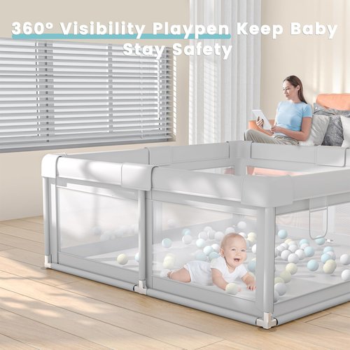 Hiaksedt Baby Playpen - 50 x 50 Inch Safe Play Area with Ocean Balls & Soft Fabric Zipper Gates