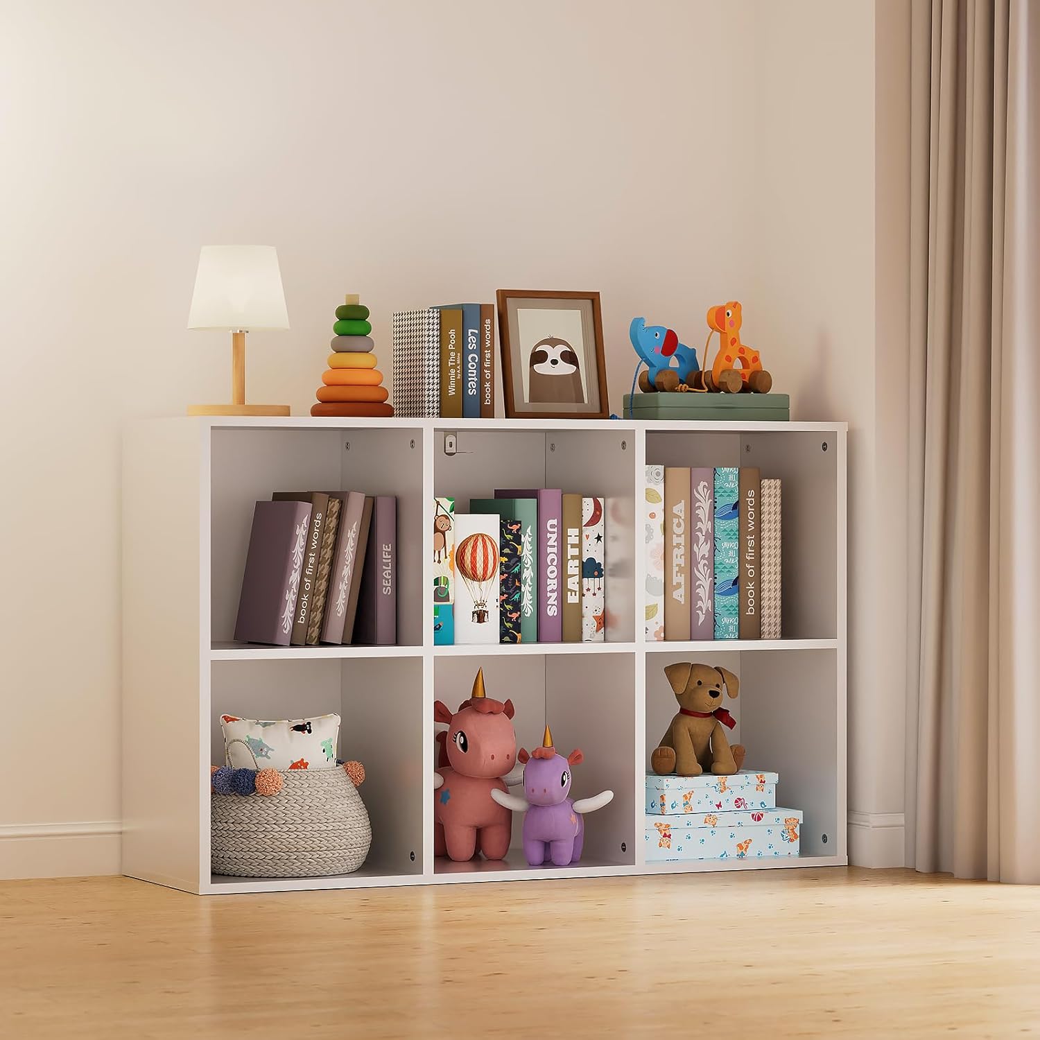 Skiennix 6 Cube Storage Organizer - White Kids Cubby Bookshelf with Anti-Tip Kit & Closed Back Panel