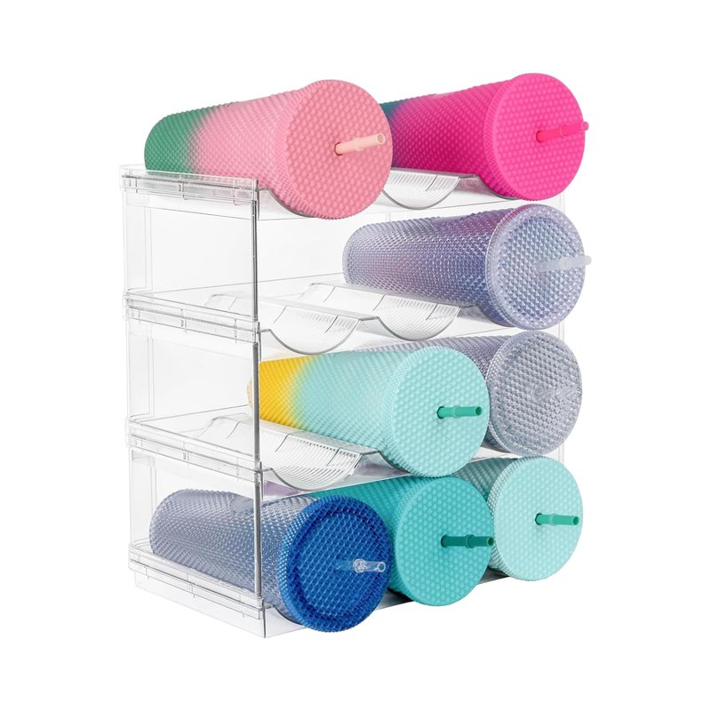 Stackable Water Bottle Organizer for Cabinet, Plastic Bottle Holder Designed for Starbucks Studded Tumblers up to 40oz, Plastic Cup Holder&Wine Rack for Pantry,Cupboard- 4 Layers Hold 12 Bottles