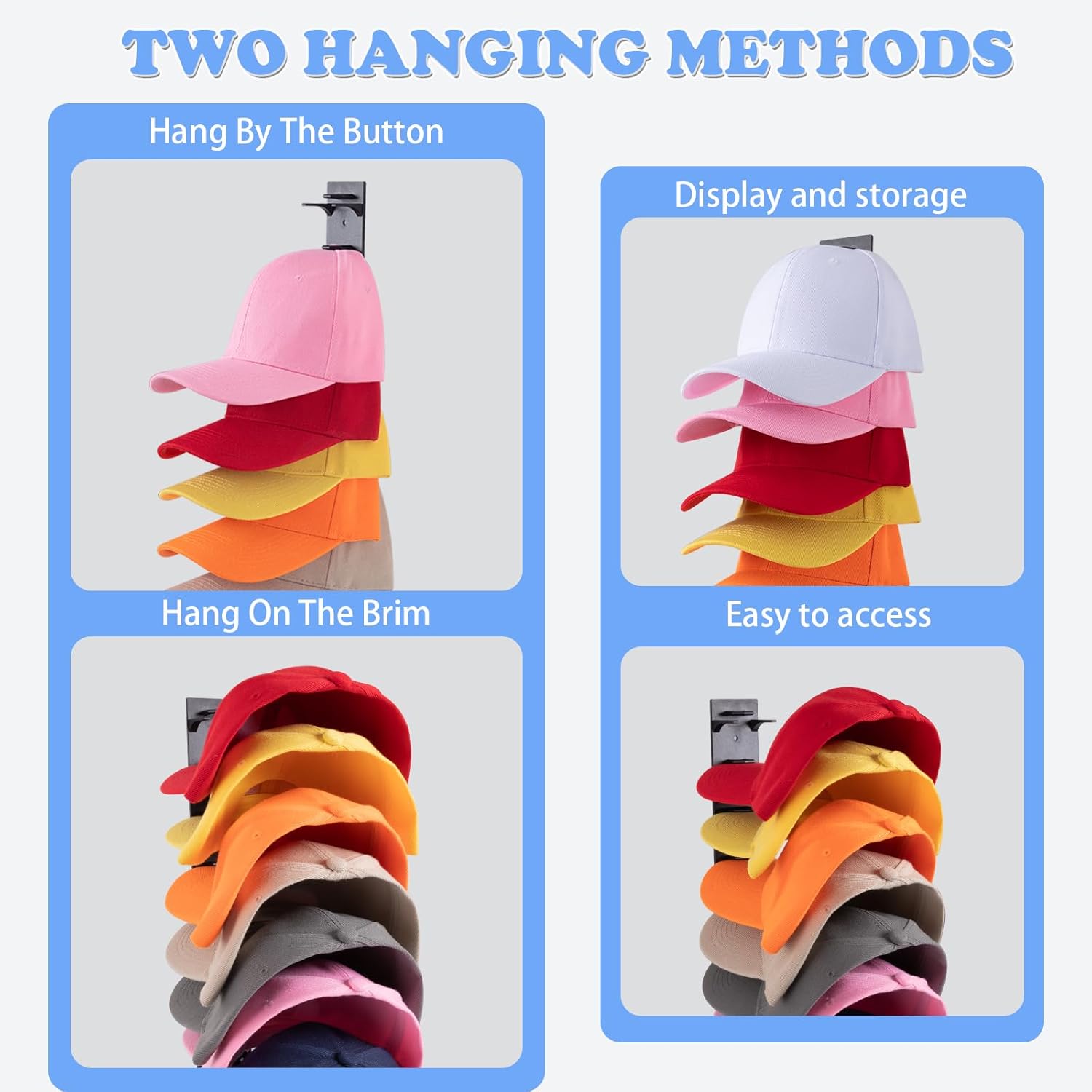 Skiennix Hat Organizer - 2 Pack Wall Rack for Up to 18 Baseball Caps | Strong Adhesive Hooks, Black