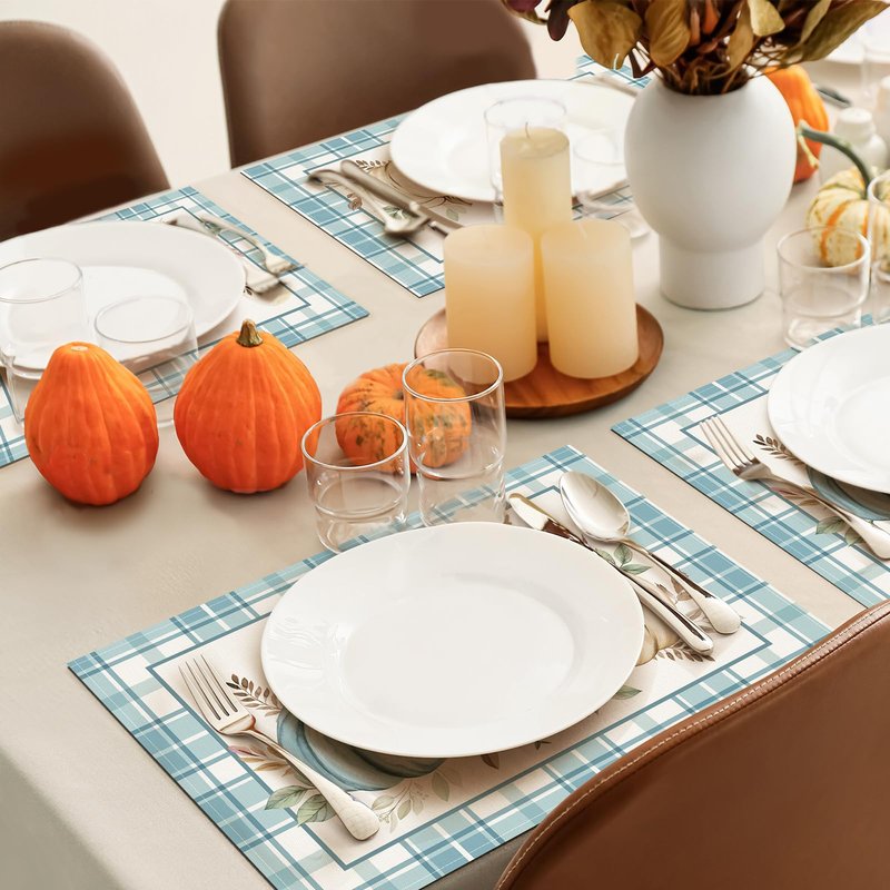 Bonhause Pumpkins Eucalyptus Leaves Fall Placemats Set of 4, 12x18 Inch Blue Buffalo Plaid Autumn Thanksgiving Kitchen Dinning Table Mats Washable Place Mats for Indoor Outdoor Home Party Decor