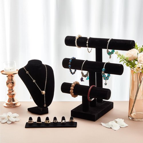 Barydat 7 Pcs Black Velvet Jewelry Display Set for Shows, Necklace Bracelet Holder Jewelry Bust Holder Stand Ring Display Stand for Selling Craft Showcase Organizer