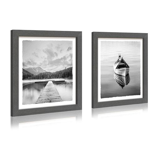 Lake Scenery Framed Wall Art: Sunset Sunrise Artwork Picture Modern Foggy Mountain Natural Wilderness Boat Tree Landscape Print Painting for Bedroom Office Living Room Bathroom