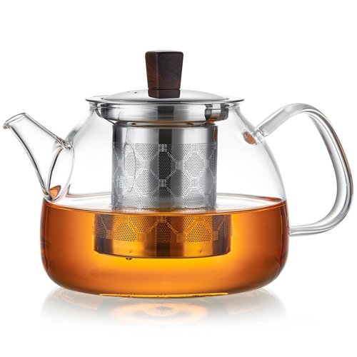 DOPUDO 34OZ/1000ml Glass Teapot with Stainless Steel Infuser, Drip-Free Spout, and Wooden Knob Lid – Stovetop Safe Borosilicate Tea Kettle for Loose Leaf and Herbal Tea Brewing