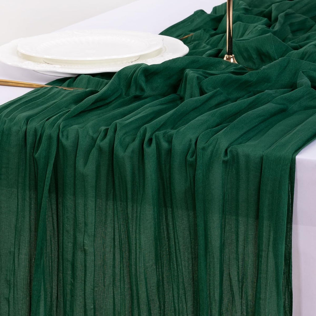 Socomi Emerald Green Cheesecloth Table Runner - 10FT Rustic Boho Decor for Weddings & Events