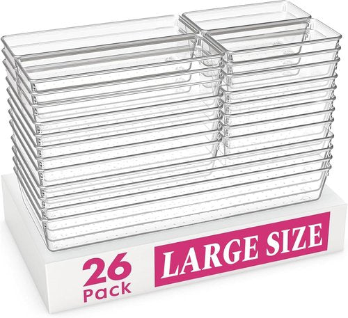 Criusia Drawer Organizer Bins - 26 Pack Clear Plastic Kitchen & Bathroom Organizers | Versatile Utensil & Makeup Storage