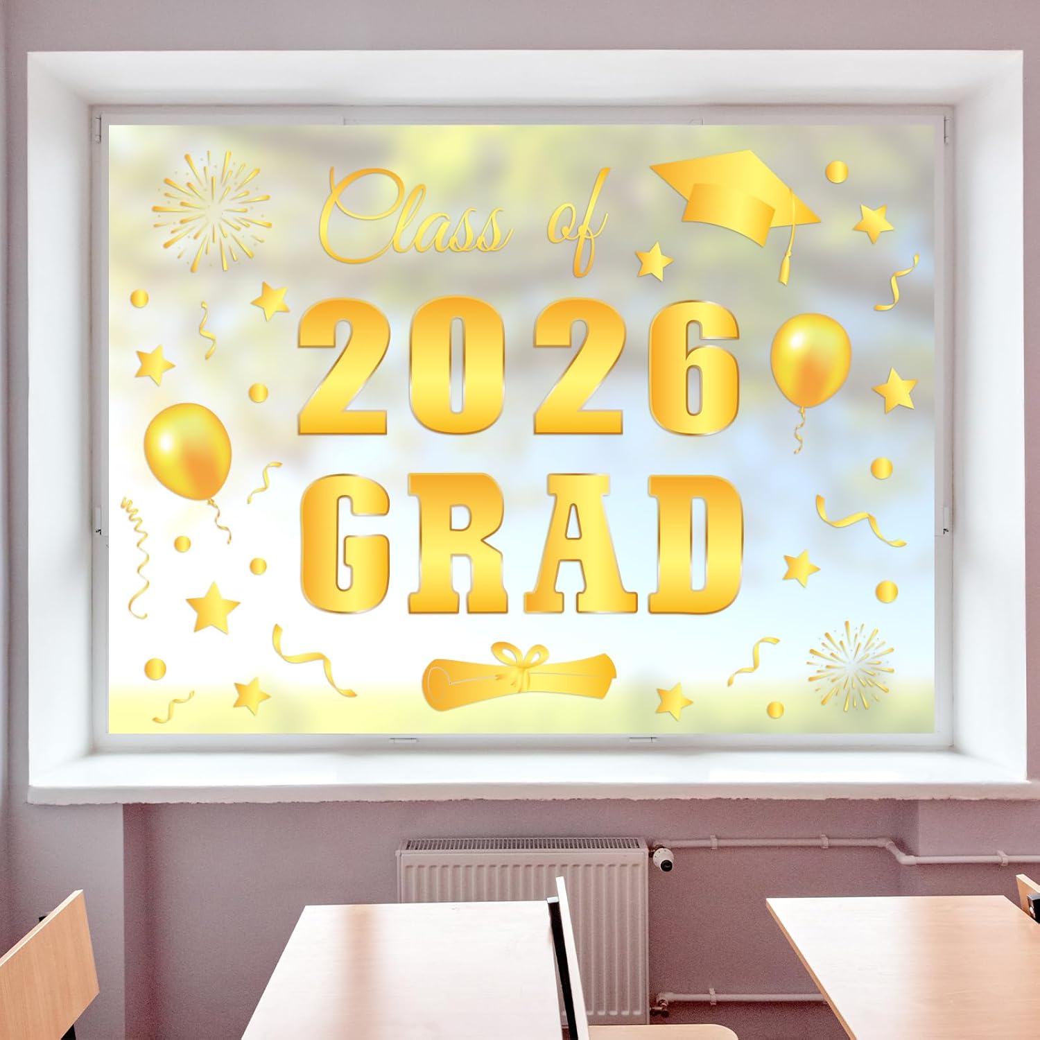 Whaline Graduation Window Clings - Class of 2026 Gold Foil Reusable Decals for Home & School Decor