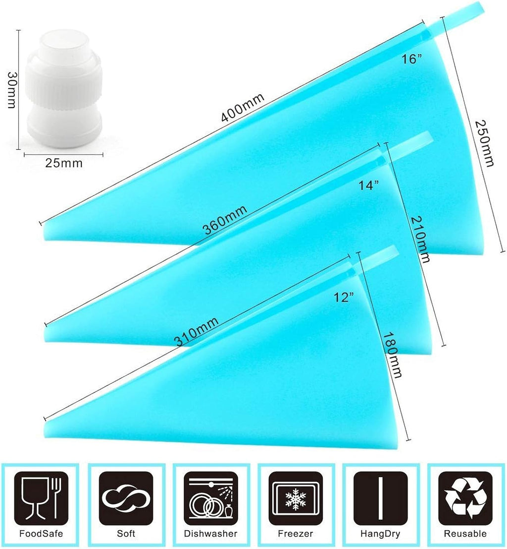 Weetiee Silicone Pastry Bags - Reusable Icing Piping Bags for Cake Decorating - 3 Sizes (12", 14", 16") - 6 Pack with Bonus Couplers