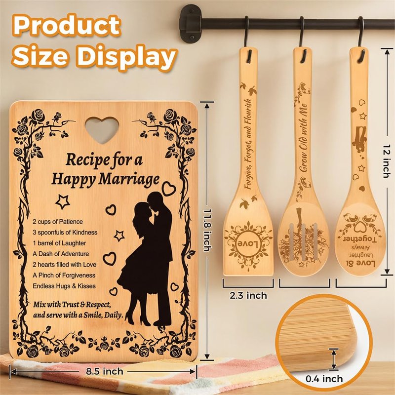 Recipe for a Happy Marriage Gift Set, Bamboo Cutting Board with Engraved Utensils, Unique Wedding, Engagement, Bridal Shower Gift for Couples, Him and Her, Mr and Mrs Newlywed Kitchen Set