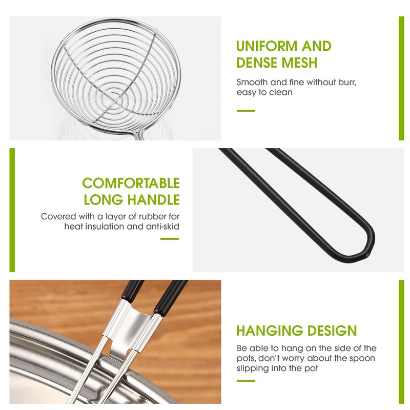 Geiserailie 12 Pieces Hot Pot Kit Strainer Scoops Stainless Steel 2.5 Inch Mini Spider Strainer Skimmer Pasta Mesh Spoon Asian Skimmer Spoon Ladle with Handle for Home (Black)