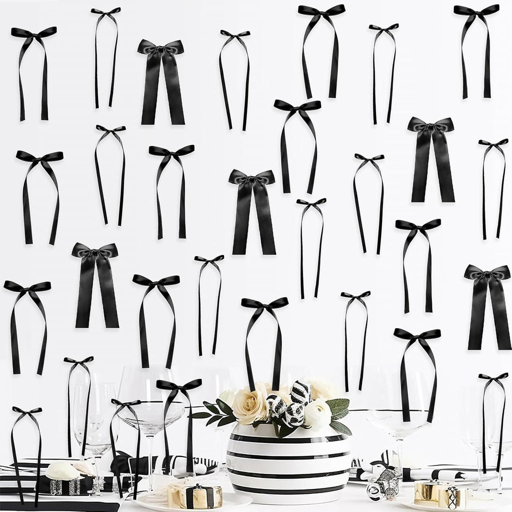 Skiennix Black Bow Birthday Decorations - 45Pcs DIY Ribbon Bow Wall Decor | 3 Sizes for Parties & Events