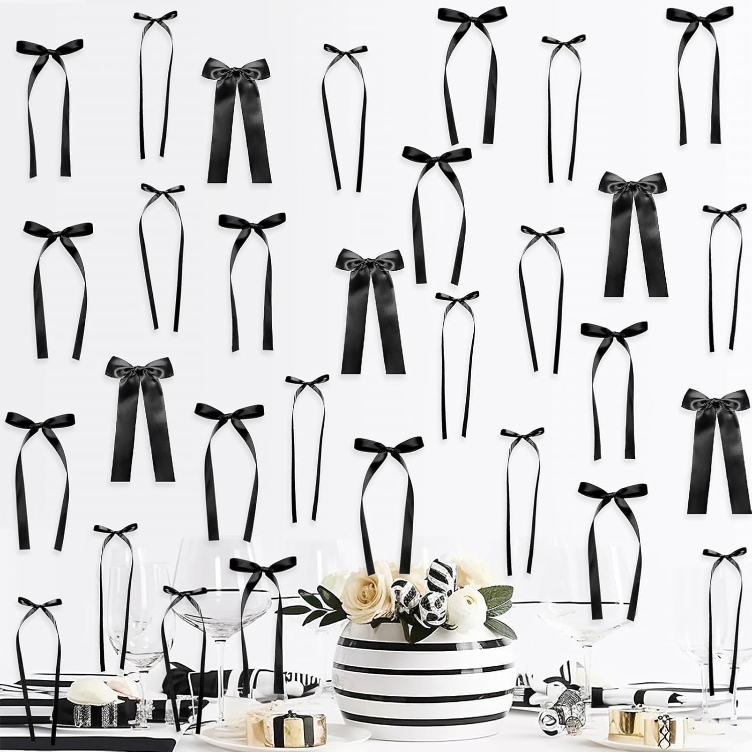 Skiennix Black Bow Birthday Decorations - 45Pcs DIY Ribbon Bow Wall Decor | 3 Sizes for Parties & Events