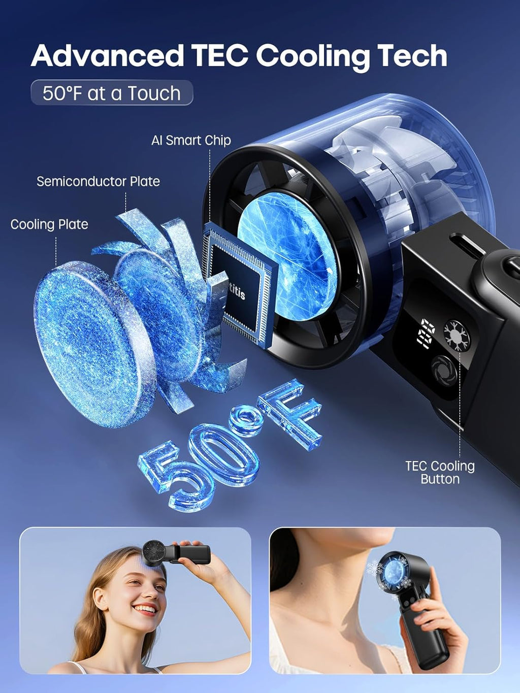 Skiennix Portable Handheld Fan - 3-in-1 Ice Cooler with 5 Speed Settings & Digital Display | Rechargeable Travel Fan
