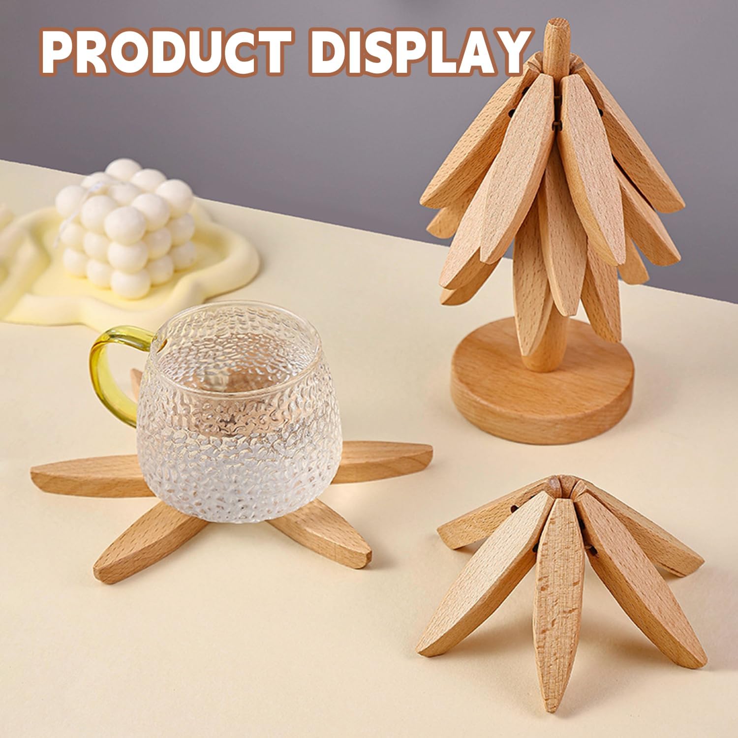 Skiennix Wooden Trivets - Tree Shape Set with 4 Walnut Wood Pieces & Stand | Foldable Hot Dish Holder