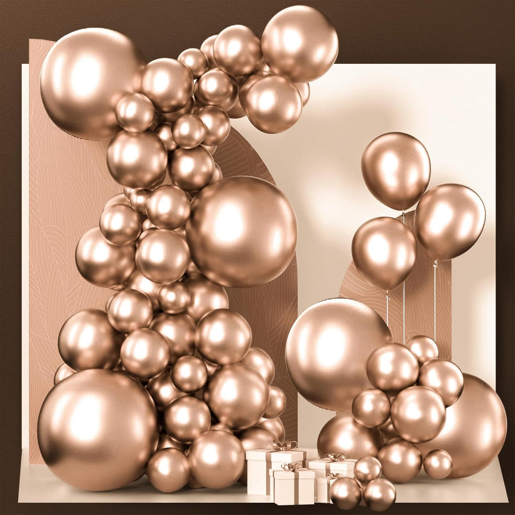 PartyWoo Metallic Rose Gold Balloons - 140pcs Chrome Balloon Arch Kit for Birthday & Anniversary Decor | 18", 12", 10", 5" Sizes