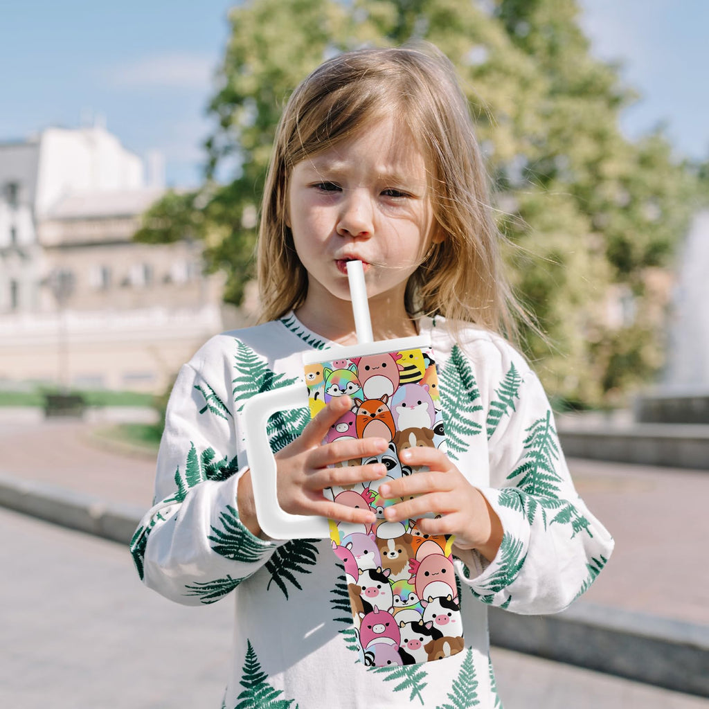 Colorful Squishy Tumbler with Handle 24 Oz, Insulated Stainless Steel Cartoon Animals Print Coffee Mug Cup, Squish Toy Lovers Gifts for Women Girls