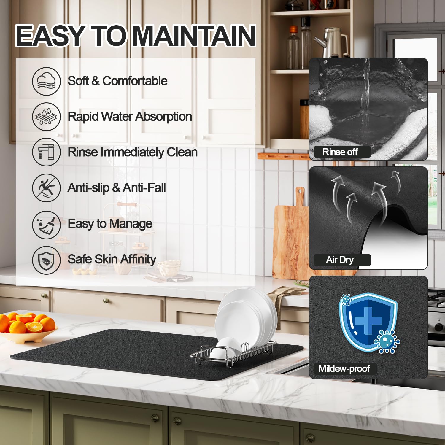 Ecotrim - Dish Drying Mat for Kitchen Counter | Coffee Bar Mat for Countertops | Heat Resistant Drainer Mat with Non-slip Rubber Backed | Hide Stain Kitchen Absorbent Draining Mat | Black 16"x20"