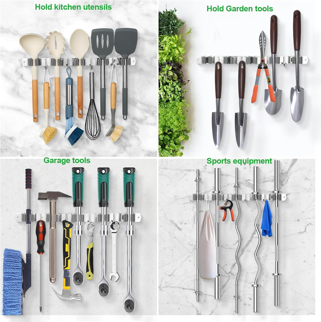 Voze Mop and Broom Holder - 5 Racks & 4 Hooks, Heavy-Duty Self-Adhesive Organizer | Silver