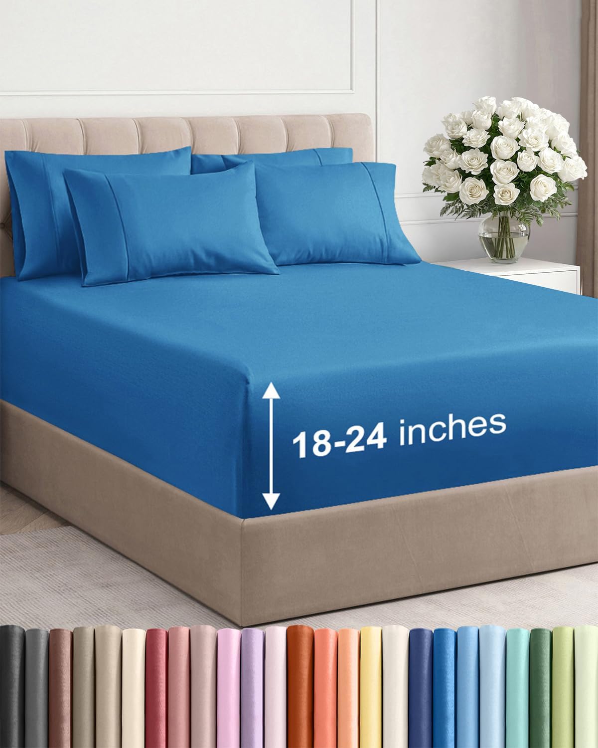 Skiennix Extra Deep Cal King Sheet Set | 6-Piece Breathable Cooling Bedding - Soft, Wrinkle-Free Denim Blue