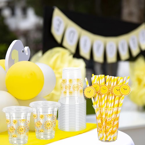 FYSUIMU 50Pcs 12Oz Smile Sunshine Plastic Cups with Lids & Straws First Trip Around The Sun Disposable Clear Drinking Cups for Summer Birthday Baby Shower Party Supplies