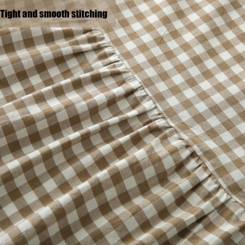 Silnuo Taupe/White Plaid Bed Skirt Washed Cotton Shabby Gingham Checkered Dust Ruffle King Size 18" Bedding(1 Bed Skirt Only)