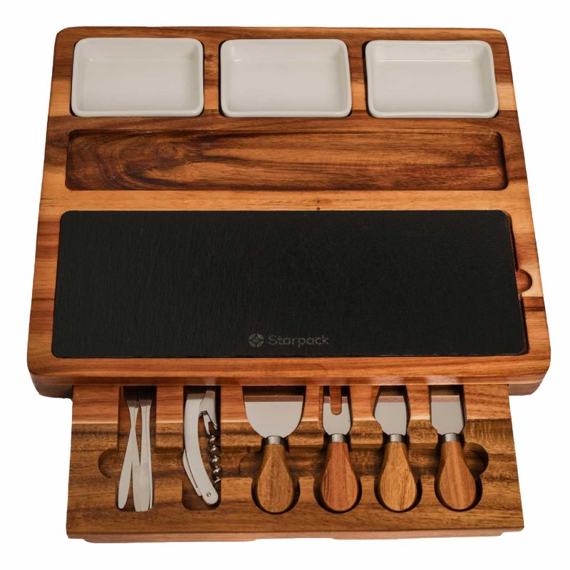 Starpack 'Gather & Graze' Wooden Charcuterie Board & Cheese Board Gift Set with 4 Cheese Knives, Wine Key & 4 Appetizer Forks - Housewarming, Bridal Shower, Wedding Gift