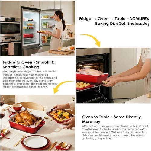 ACMLIFE Ceramic Casserole Dish Set - 4-Piece Stoneware Bakeware with Lid | Red, Oven-Safe, 3.06 Qt & 0.95 Qt