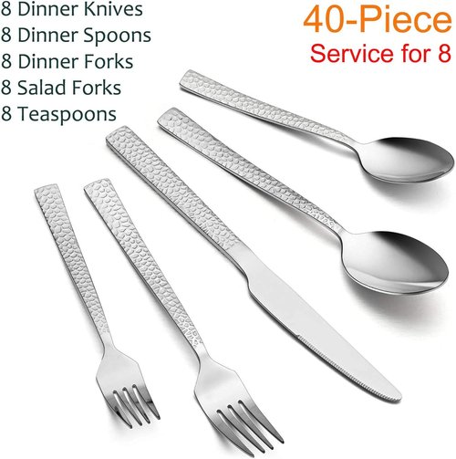 E-far 40-Piece Hammered Silverware Set | Modern Stainless Steel Flatware for 8 - Dishwasher Safe