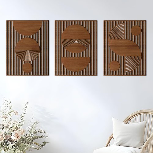 Homenthus Abstract Wood Wall Art - 3-Piece Mid Century Modern Geometric Decor for Boho Spaces