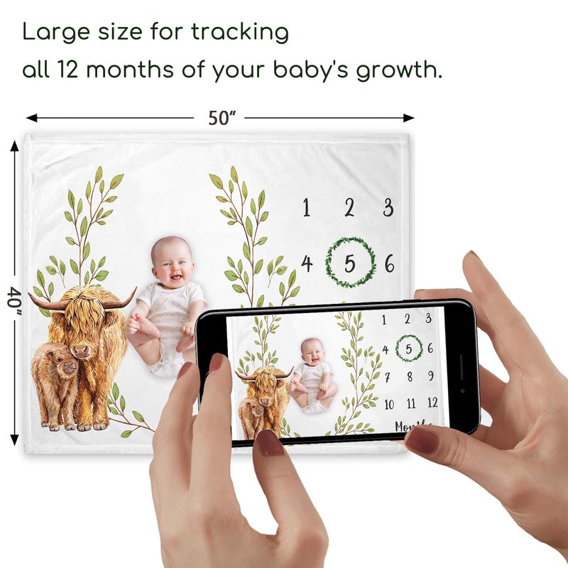 Yuzioey Highland Cow Milestone Blanket, Monthly Growth Chart, Watch Me Grow Nursery for New Moms Baby Shower (50"x40")