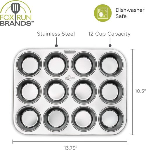 Fox Run Muffin Pan - 12-Cup Stainless Steel Bakeware for Perfect Muffins & Cupcakes