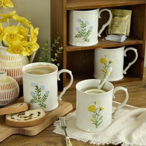DELIGHTS GALORE 2 Pack Floral Ceramic Coffee Mugs - Yellow and Blue Flowers, Hand-Painted, Microwave & Dishwasher Safe, Ideal for Cappuccino, Tea, Hot Chocolate