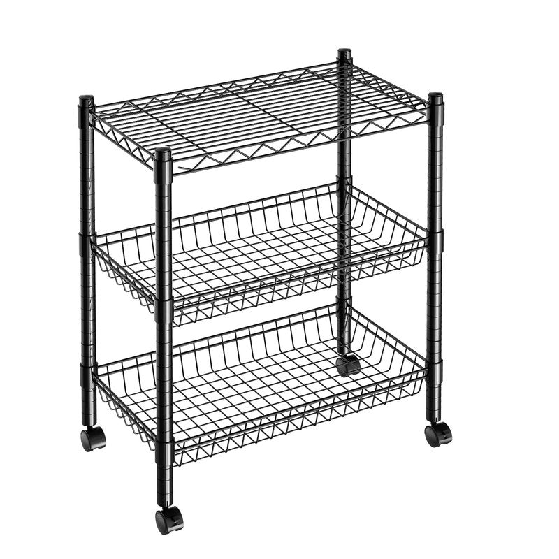 Guan River 3 Tier Rolling Cart Service Cart Wire Basket Shelf Storage Trolley Shelf 2 Bottoms for Choose(Castor or Leveling Feet) for Office,Kitchen,Black(23.23" L x 13.11" W x 32.28" H)
