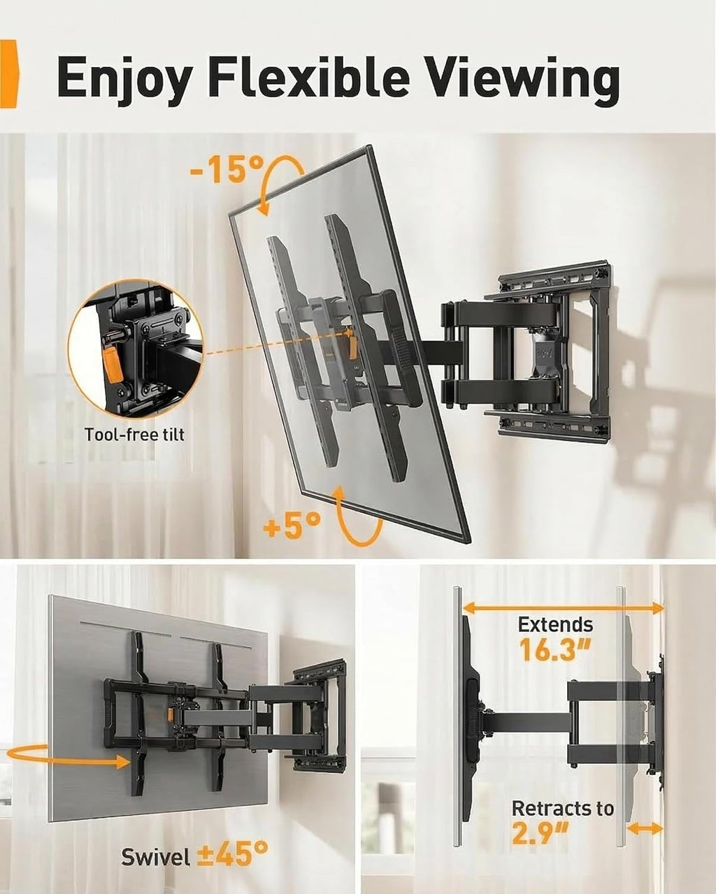 Perlegear Full Motion TV Wall Mount - Fits 42–97 Inch Flat & Curved TVs | Tool-Free Tilt & Swivel, Max VESA 600x400mm
