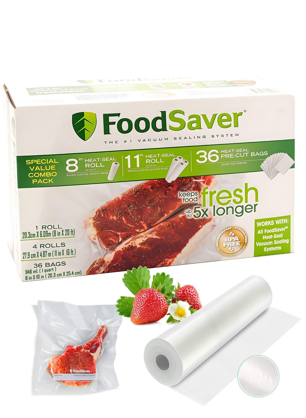 FoodSaver Special Value Vacuum Seal Combo Pack 1-8"Roll; 4-11"Rolls; 36 Pre-Cut Bags