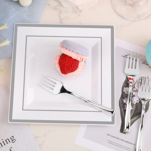 Gandeer 300 Pcs Square Plastic Plates with Forks Set Include 150 Disposable 6.5 Inch Dessert Plates Heavy Duty and 150 Plastic Appetizer Forks for 150 Guests Weddings Party Supplies(Silver)