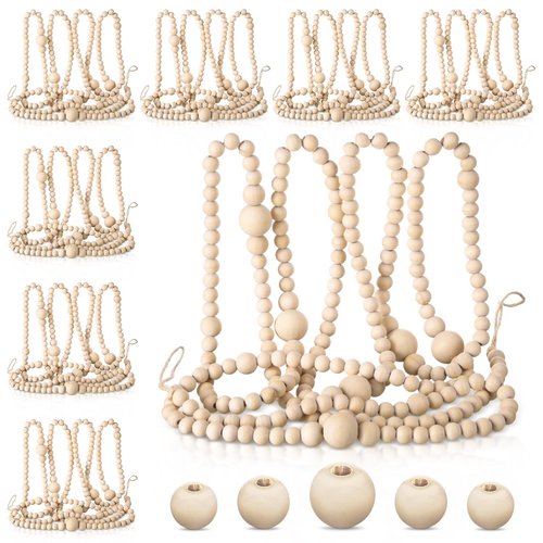 Ceenna 8 Pack 9 ft Rustic Christmas Wood Bead Garland for Xmas Tree Mantel Fireplace Stairs Coffee Table Decor Farmhouse Wooden Beads for Holiday Christmas Home Indoor Decor, Total 72 ft(Natural)