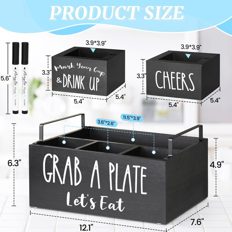 Paper Plate Holders with 2 Cup Holders and 2 Markers, Wood Utensil Holder for Party, Kitchen Paper Plate Dispenser for Counter, Disposable Plate Organizer, Silverware Holder for Cup, Plate, Napkin
