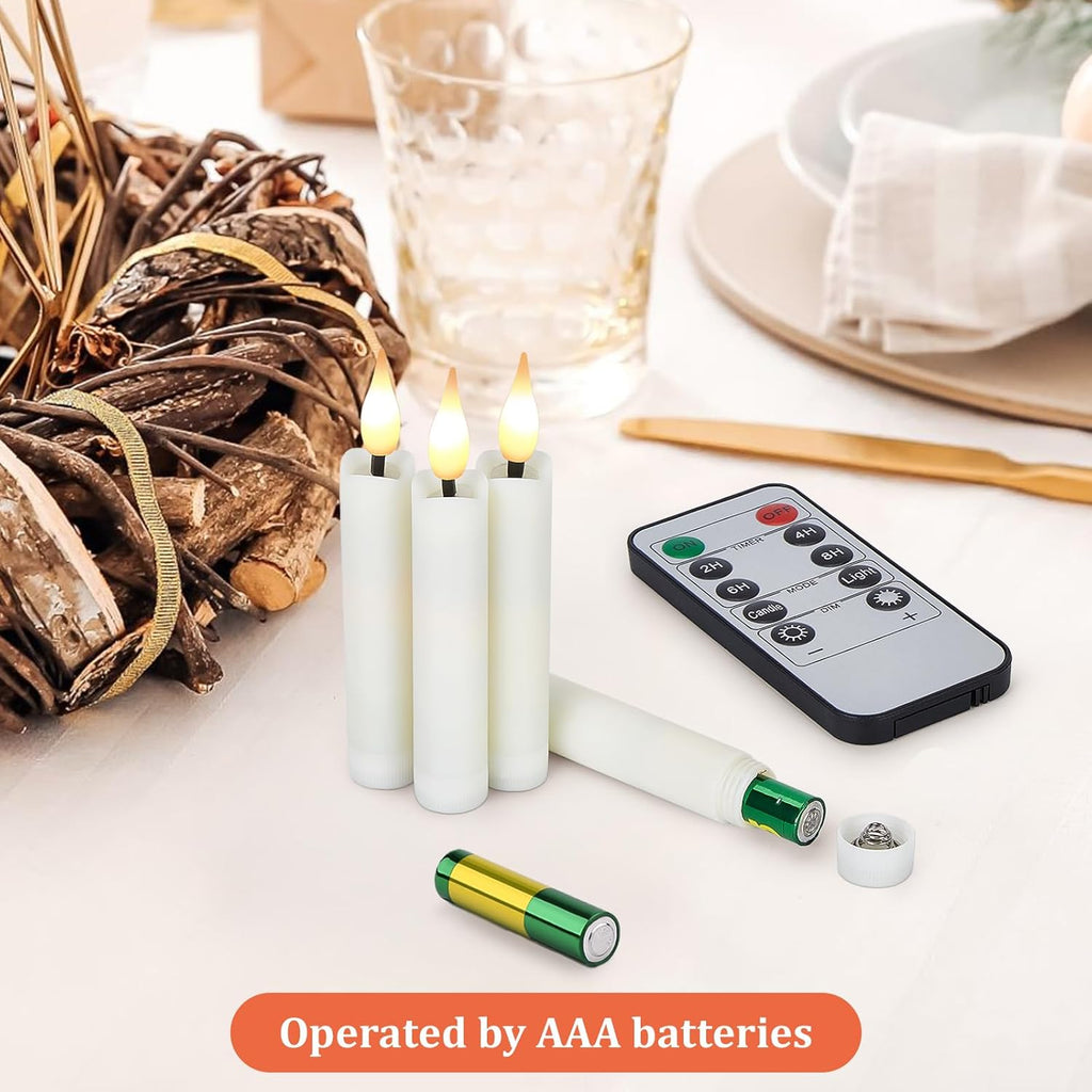 Skiennix 12-Pcs LED Taper Candles Set - Flameless 3D Wick Ivory Design with Remote Timer | Warm White Light