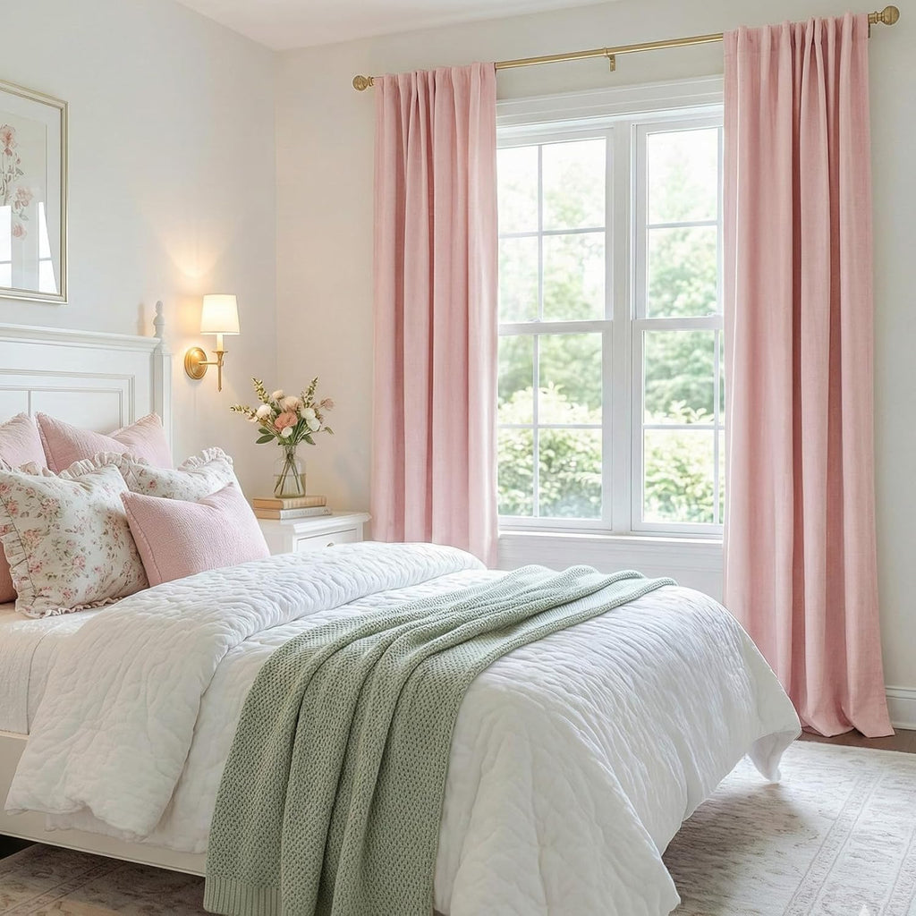 Skiennix 100% Blackout Linen Curtains - Thermal Insulated Drapes for Bedroom | 50" W x 96" L, Baby Pink