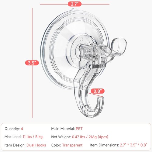 ANDGOO Large Suction Cup Hooks - Heavy Duty Removable Shower Hooks for Towel & Robe | Clear, 4 Pack