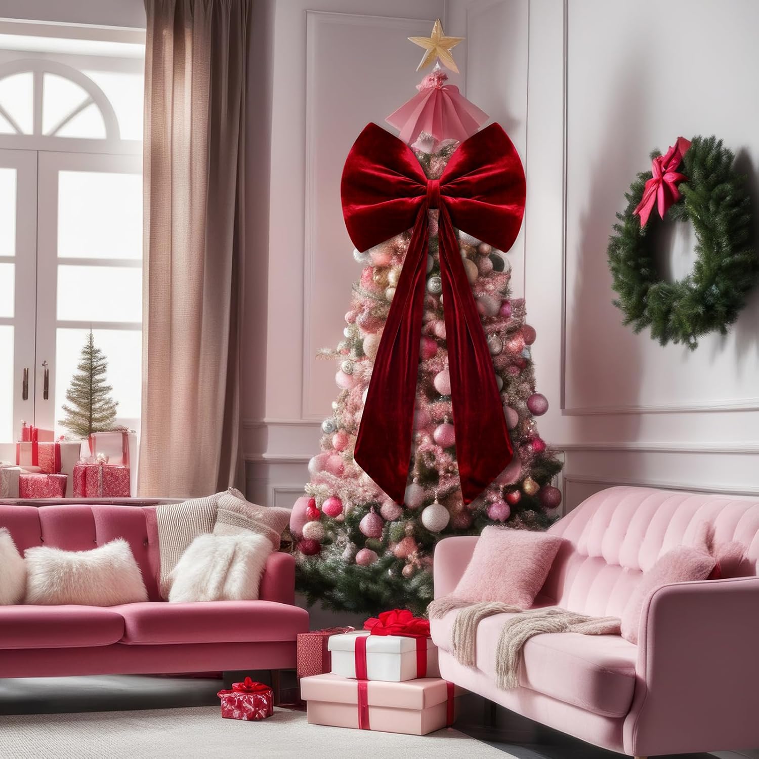 Skiennix 40x18 Inch Large Velvet Red Bow - Stunning 3D Tree Topper & Party Backdrop Decor (Wine Red)