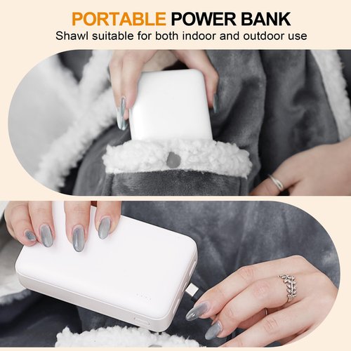 Warmrest Heated Blanket Wearable Shawl Portable Electric Wrap with Hoodie for Adult with Power Bank Flannel & Sherpa Heating Electric Throw with 3 Heat Settings Light Grey 50x60 Inch, Gifts for Mom