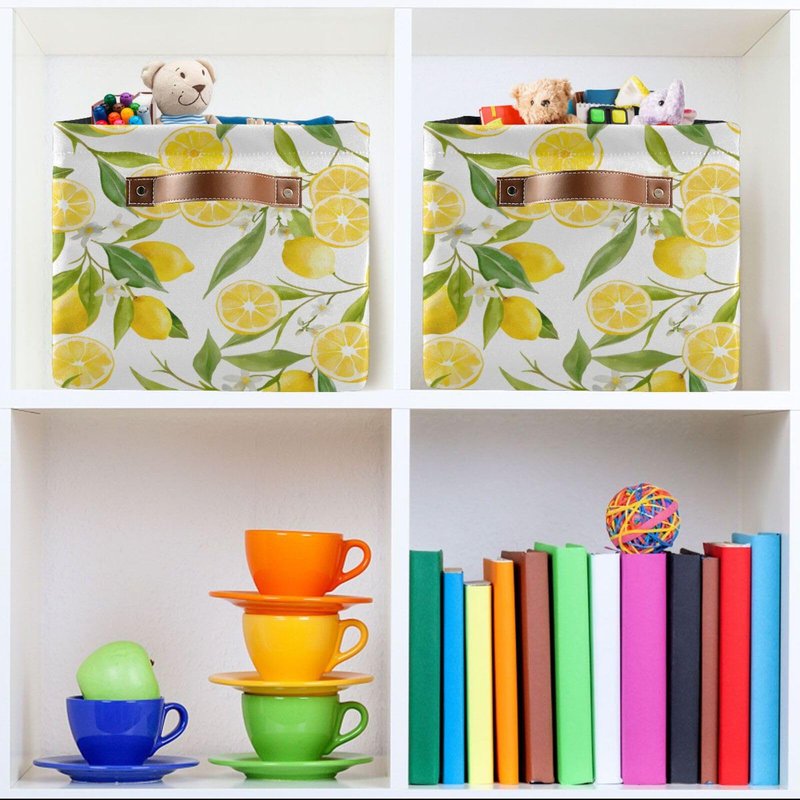 MNSRUU Storage Basket Lemon Floral Collapsible Organizer Basket with PU Handles, Waterproof Nursery Laundry Basket Large Capacity