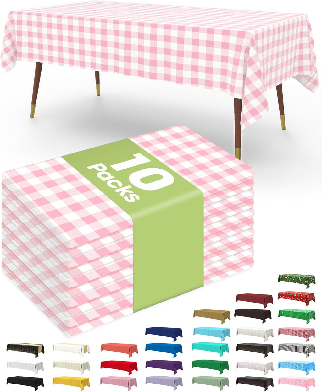Pureegg Disposable Table Cloths - 10 Pack, 54 x 108 Inch, Sturdy Pink Gingham for Parties & Picnics