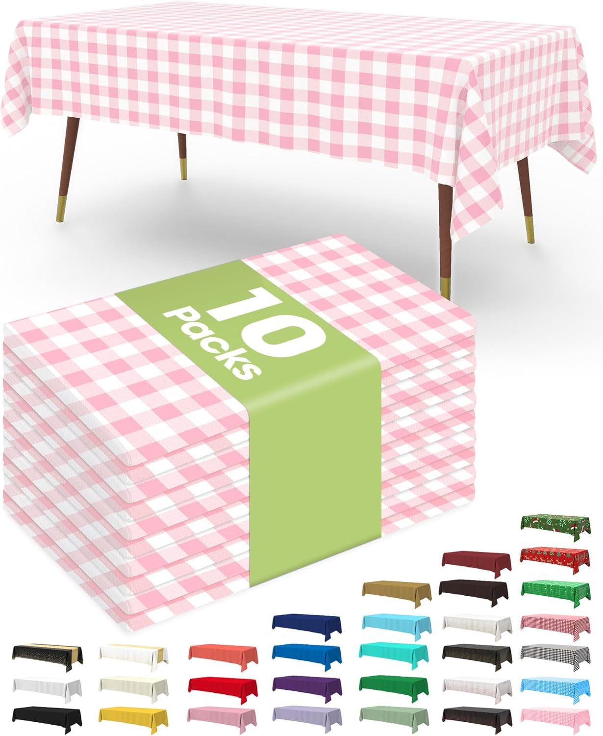 Pureegg Disposable Table Cloths - 10 Pack, 54 x 108 Inch, Sturdy Pink Gingham for Parties & Picnics