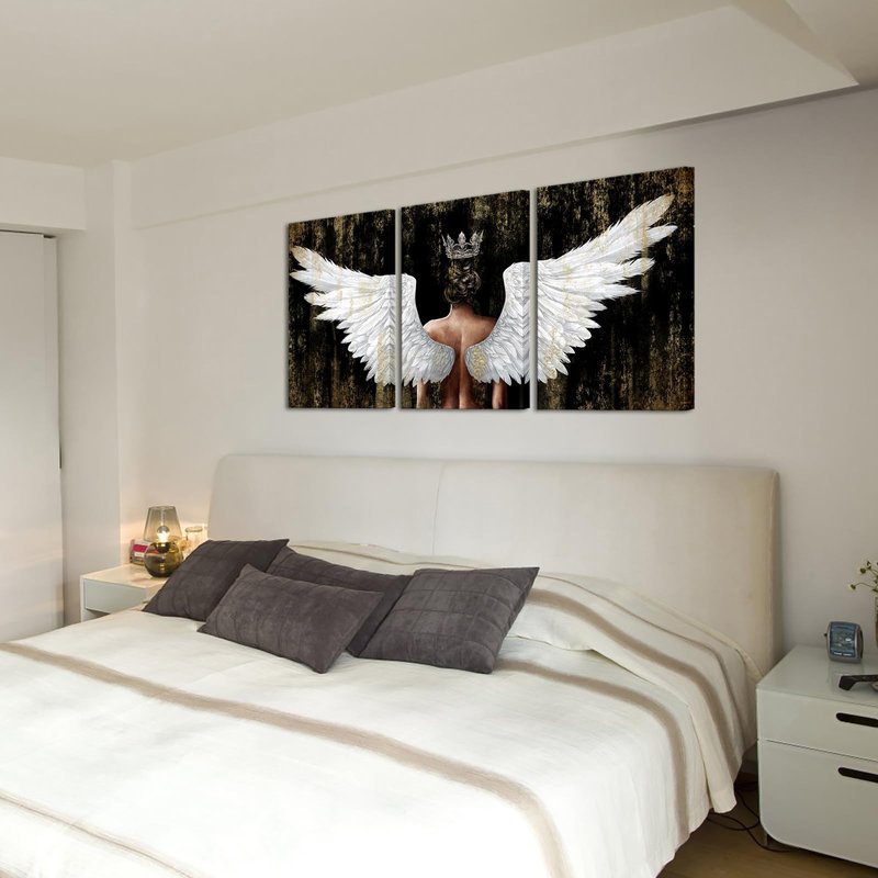 OuElegent Gold And Black Angel Wings Wall Art Canvas Prints Girl Wearing Crown Contemporary Artwork for Living Room Bedroom Decor Framed 16"x24"x3pcs (Black, Medium)