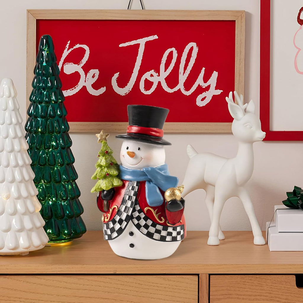 Snowman Figurines | 7.1x4.9 Inch Resin Black & White Checkered Christmas Decor for Home