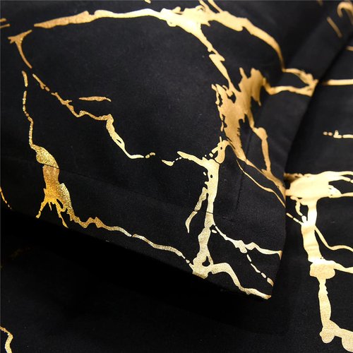 Holawakaka Gold Metallic Marble Comforter Set King Size Foil Print Glitter Bedding Sets,Black/Gold,King