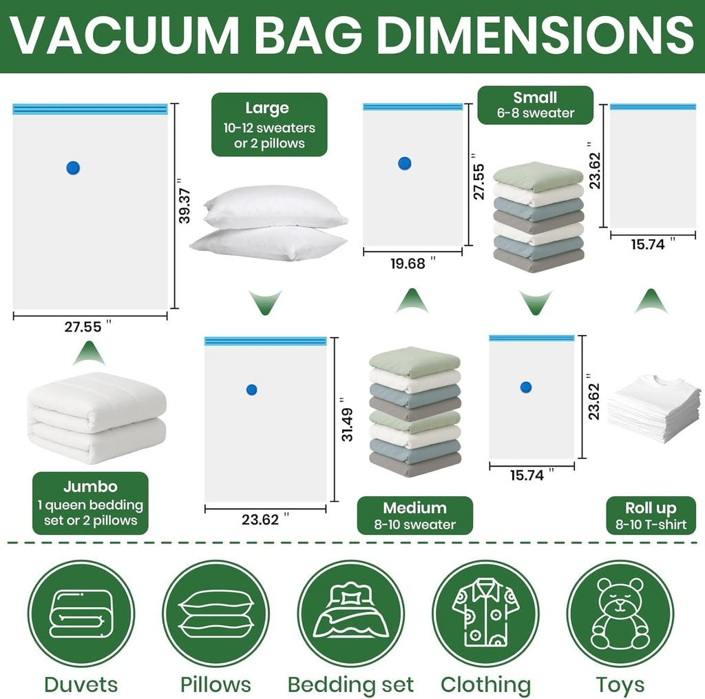 Skiennix Vacuum Storage Bags - 20-Pack with Electric Air Pump | Space-Saving for Clothes, Comforters & More - 4 Jumbo, 4 Large, 4 Medium, 4 Small, 4 Roll-Up
